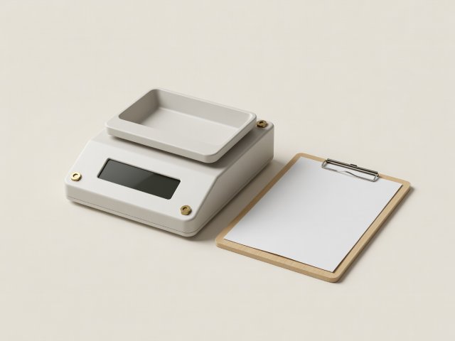 Soft-lit 3D render of precision counting scale with brass fasteners and blind audit clipboard on cream background