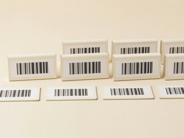 Soft-lit 3D render of magnetic C-profile rack beam labels with Code 128 barcodes on plain cream ground