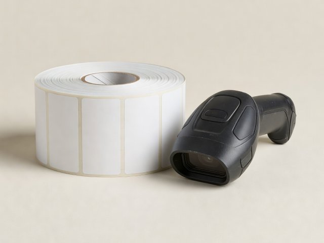 Soft-lit 3D render of thermal transfer barcode label roll and rugged 2D imager scanner on cream ground