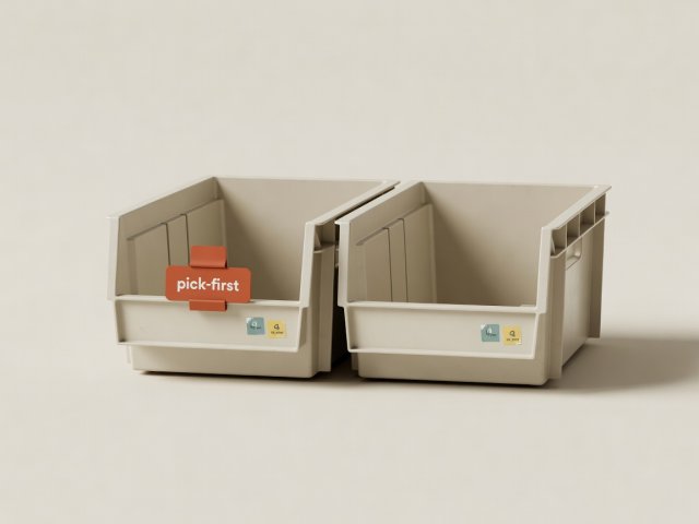Soft-lit 3D render of twin stock bins with terracotta pick-first clip badge and quarter-year stickers on cream background